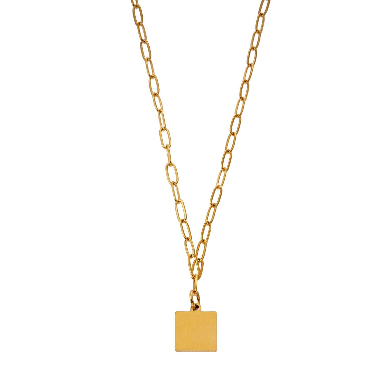 Style ANNABELLA: Minimalist Metal & Shell Square Pendant on a Paper-Clip Chain Necklace.