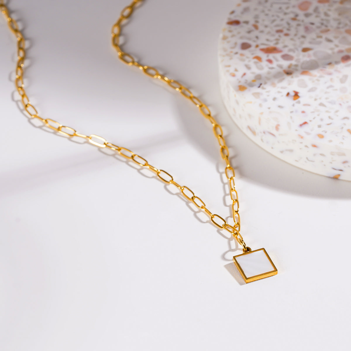 Style ANNABELLA: Minimalist Metal & Shell Square Pendant on a Paper-Clip Chain Necklace.