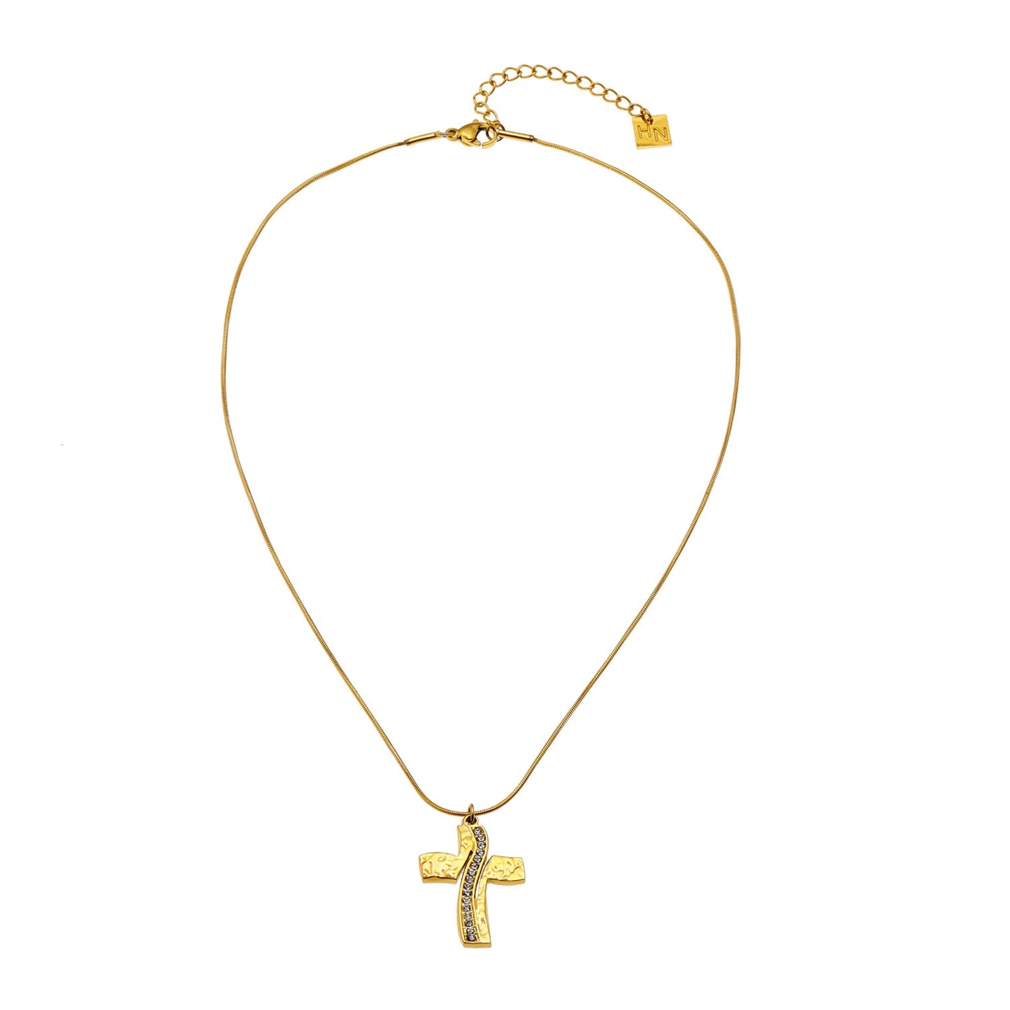 ARCASSA: Zirconia Embedded Hammered Finish Cross Pendant on a Mini Snake Skin Textured Chain Necklace.