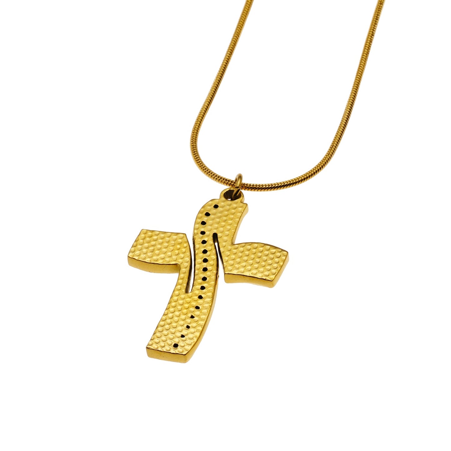 ARCASSA: Zirconia Embedded Hammered Finish Cross Pendant on a Mini Snake Skin Textured Chain Necklace.