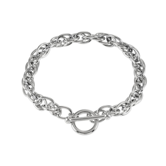 ARDA Silver Toned White Gold: Chunky Intricate Multi-Link Bracelet with Circle & T-Stopper