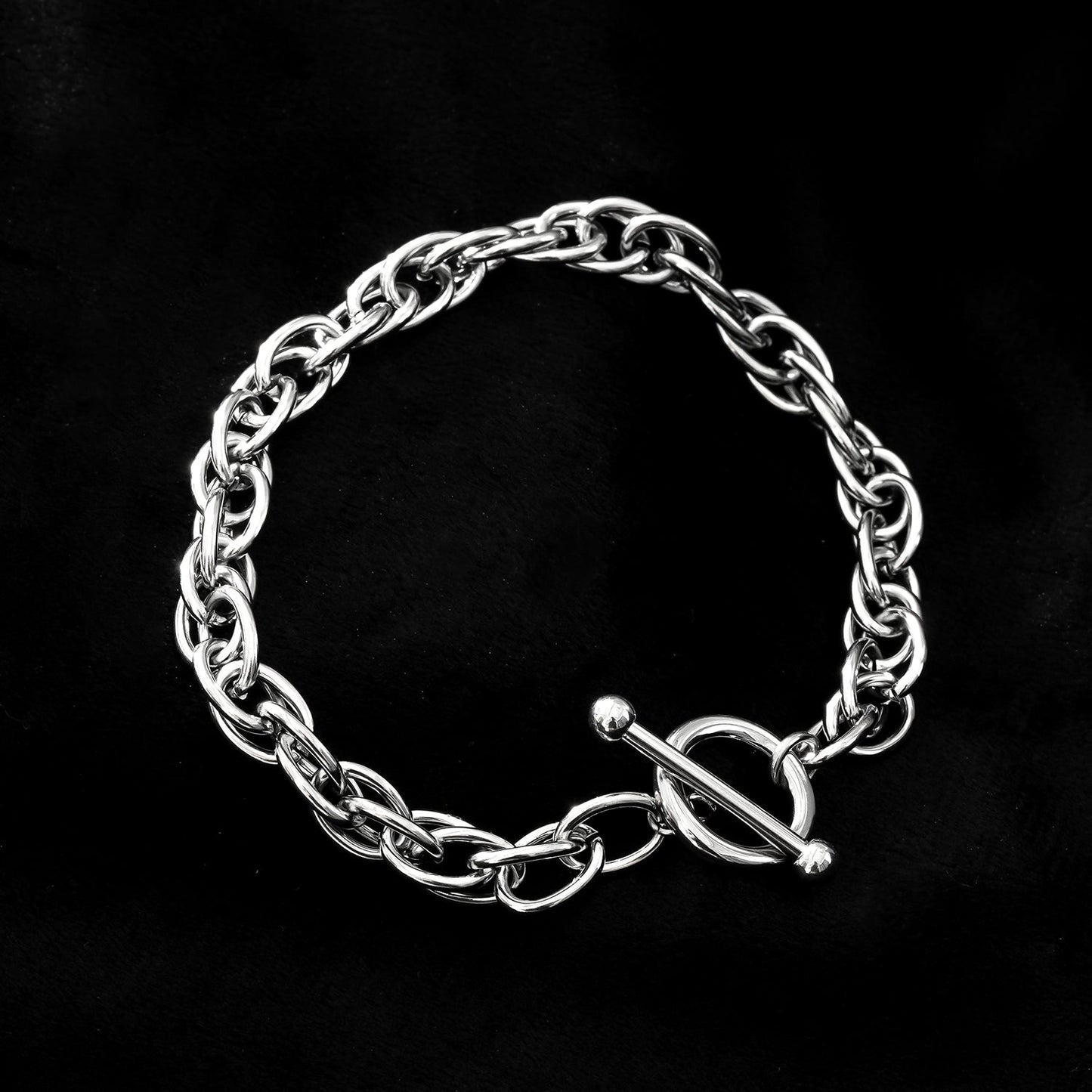 ARDA Silver Toned White Gold: Chunky Intricate Multi-Link Bracelet with Circle & T-Stopper