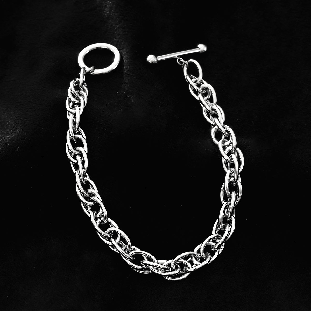 ARDA Silver Toned White Gold: Chunky Intricate Multi-Link Bracelet with Circle & T-Stopper