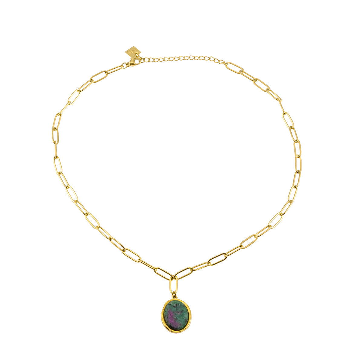 ASAMI: Contemporary Paperclip Chain anchoring a Ruby Zoisite Oval Pendant