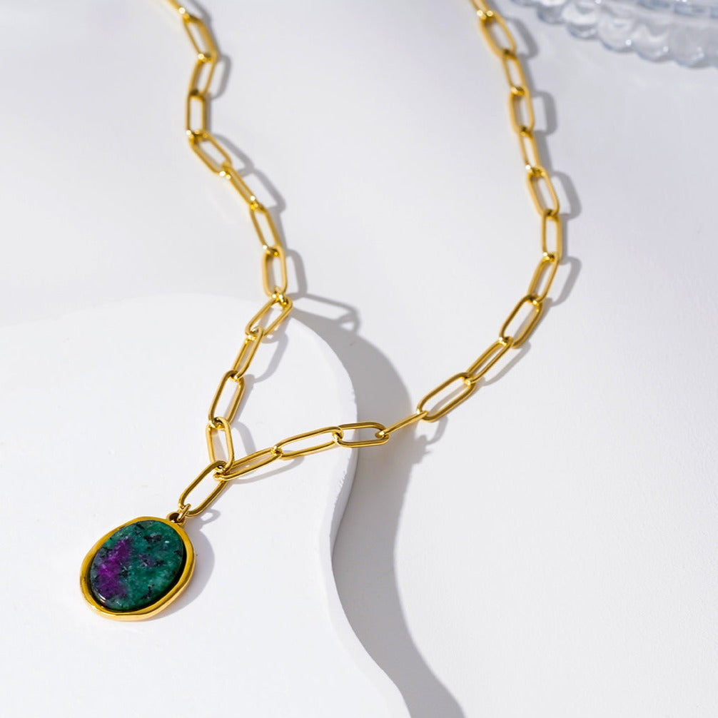 ASAMI: Contemporary Paperclip Chain anchoring a Ruby Zoisite Oval Pendant