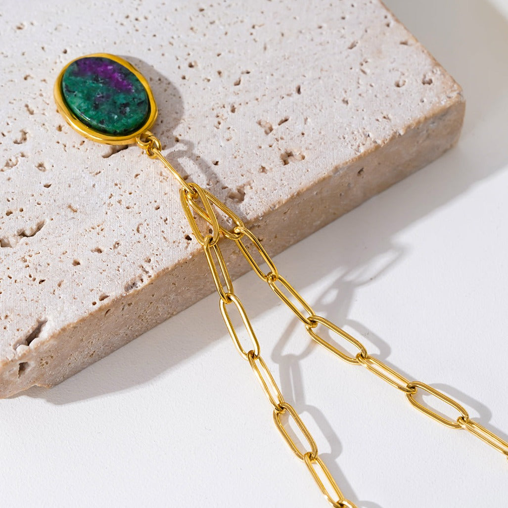 ASAMI: Contemporary Paperclip Chain anchoring a Ruby Zoisite Oval Pendant
