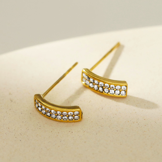 ASTRID: Minimalist Pavé Zirconia Curved Bar Stud Earrings Gold