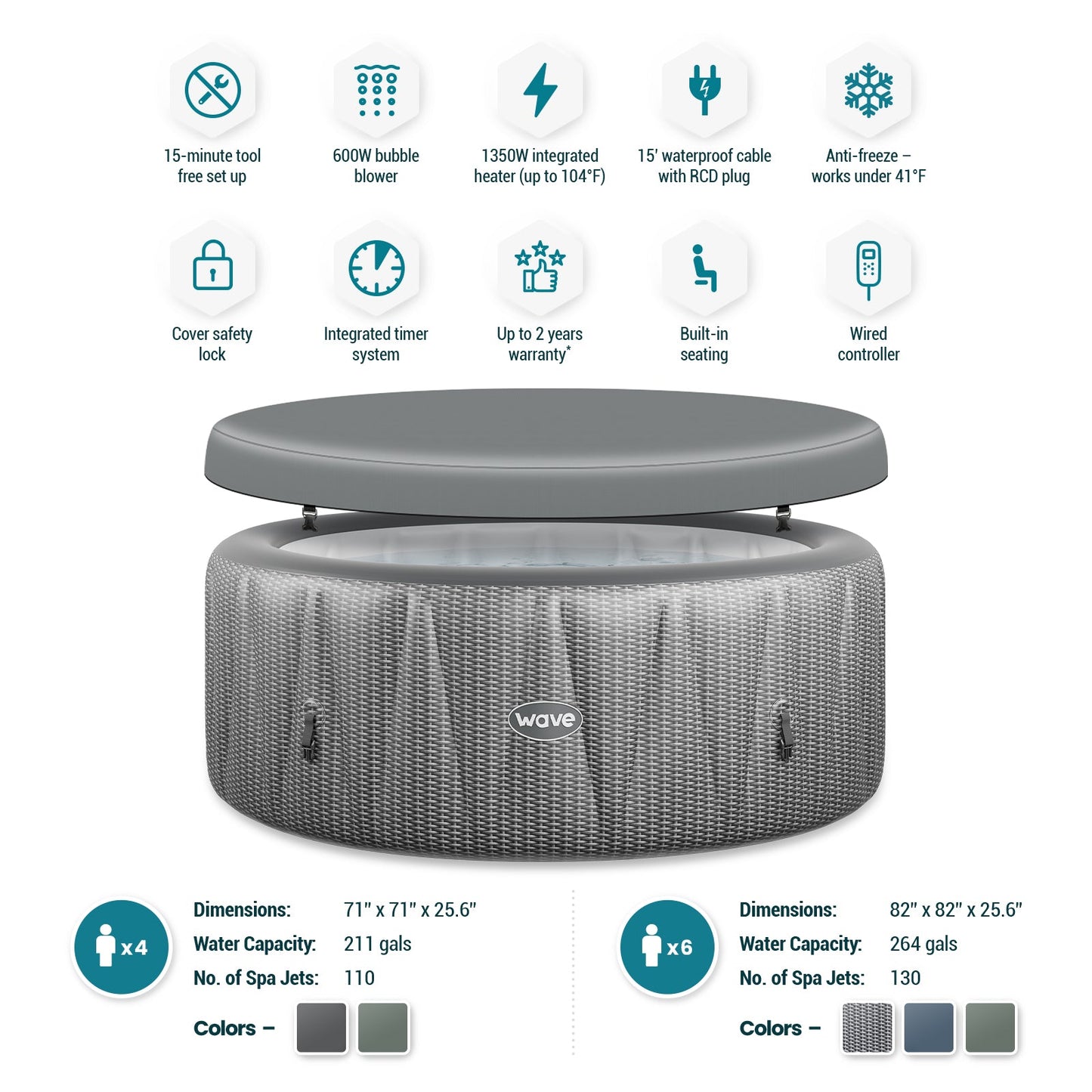 Wave | Atlantic | 4/6-Person Inflatable Hot Tub | Round | Integrated Heater