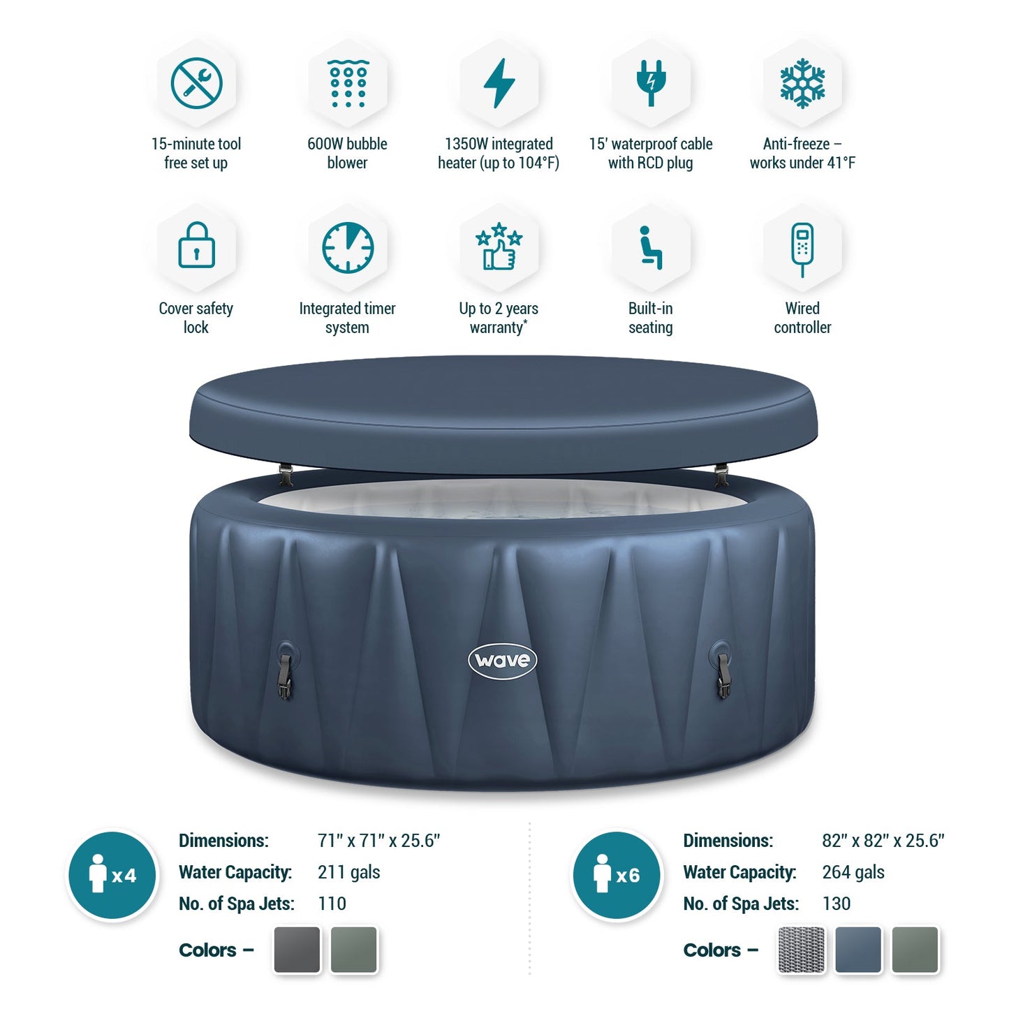 Wave | Atlantic | 4/6-Person Inflatable Hot Tub | Round | Integrated Heater