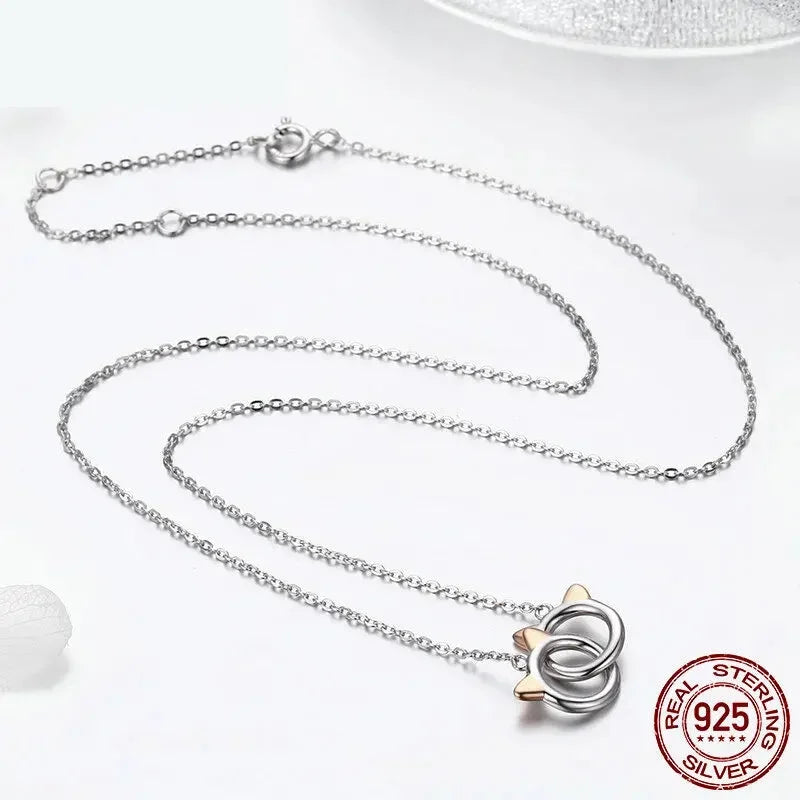 Connected Hearts: Sterling Silver Star/Heart/Cat Pendant Necklace