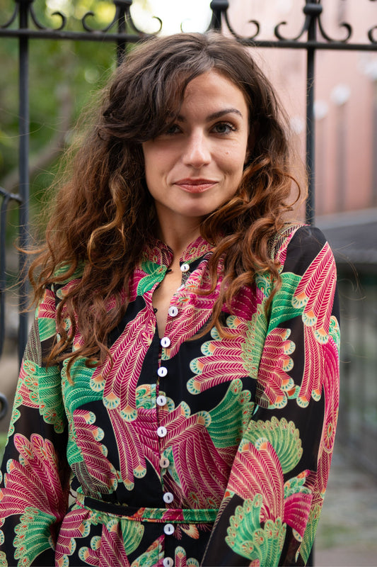 Anais Multi Feather Printed Shirt Dress Long Sleeves