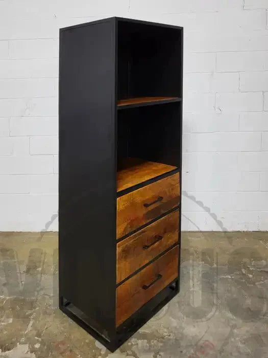 Armoire 3 tiroirs bois de manguier et structure d'acier noir