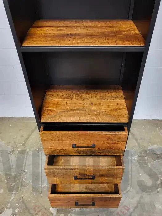 Armoire 3 tiroirs bois de manguier et structure d'acier noir