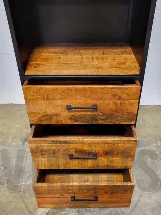 Armoire 3 tiroirs bois de manguier et structure d'acier noir
