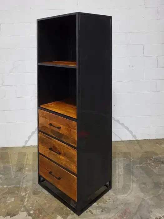 Armoire 3 tiroirs bois de manguier et structure d'acier noir