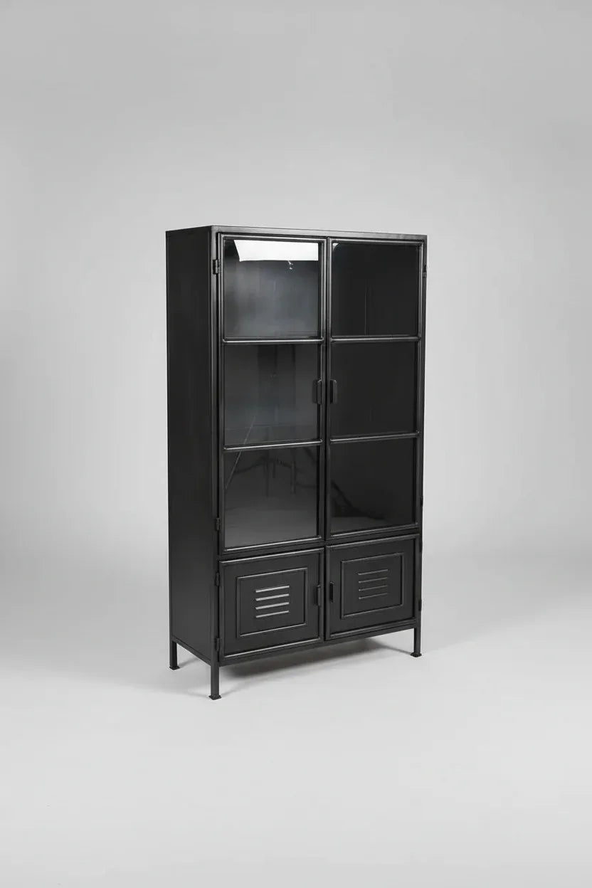 Armoire vintage en acier noir avec portes vitrées