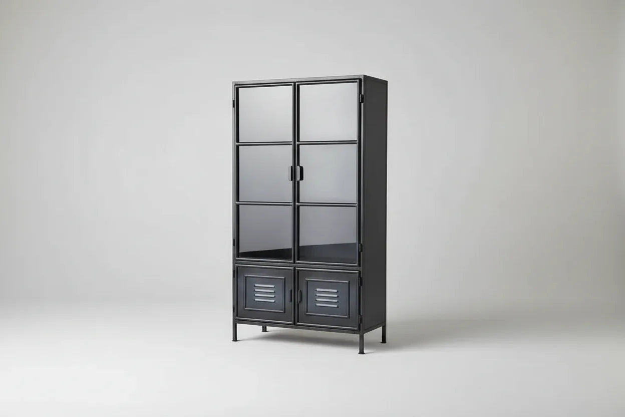 Armoire vintage en acier noir avec portes vitrées