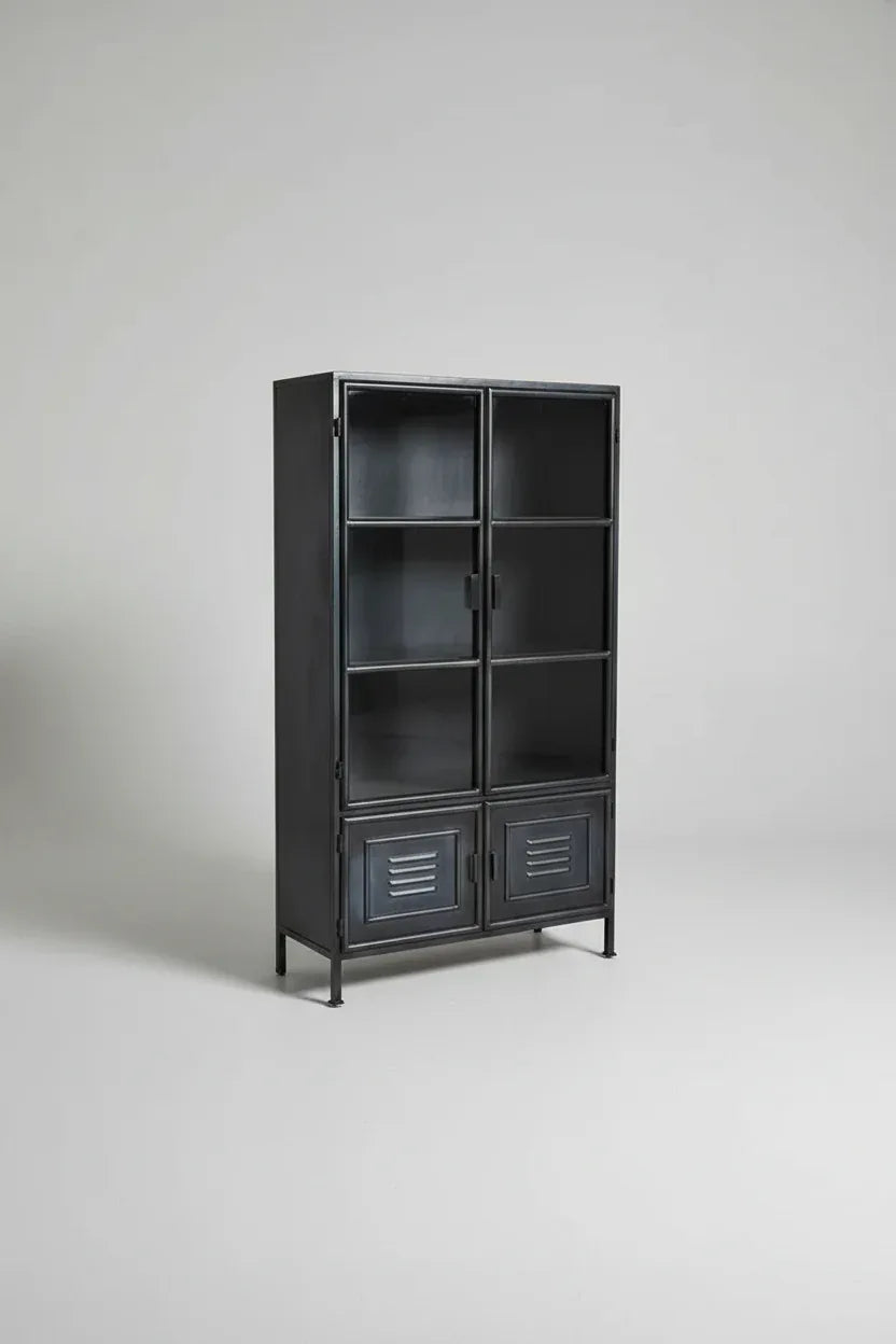 Armoire vintage en acier noir avec portes vitrées