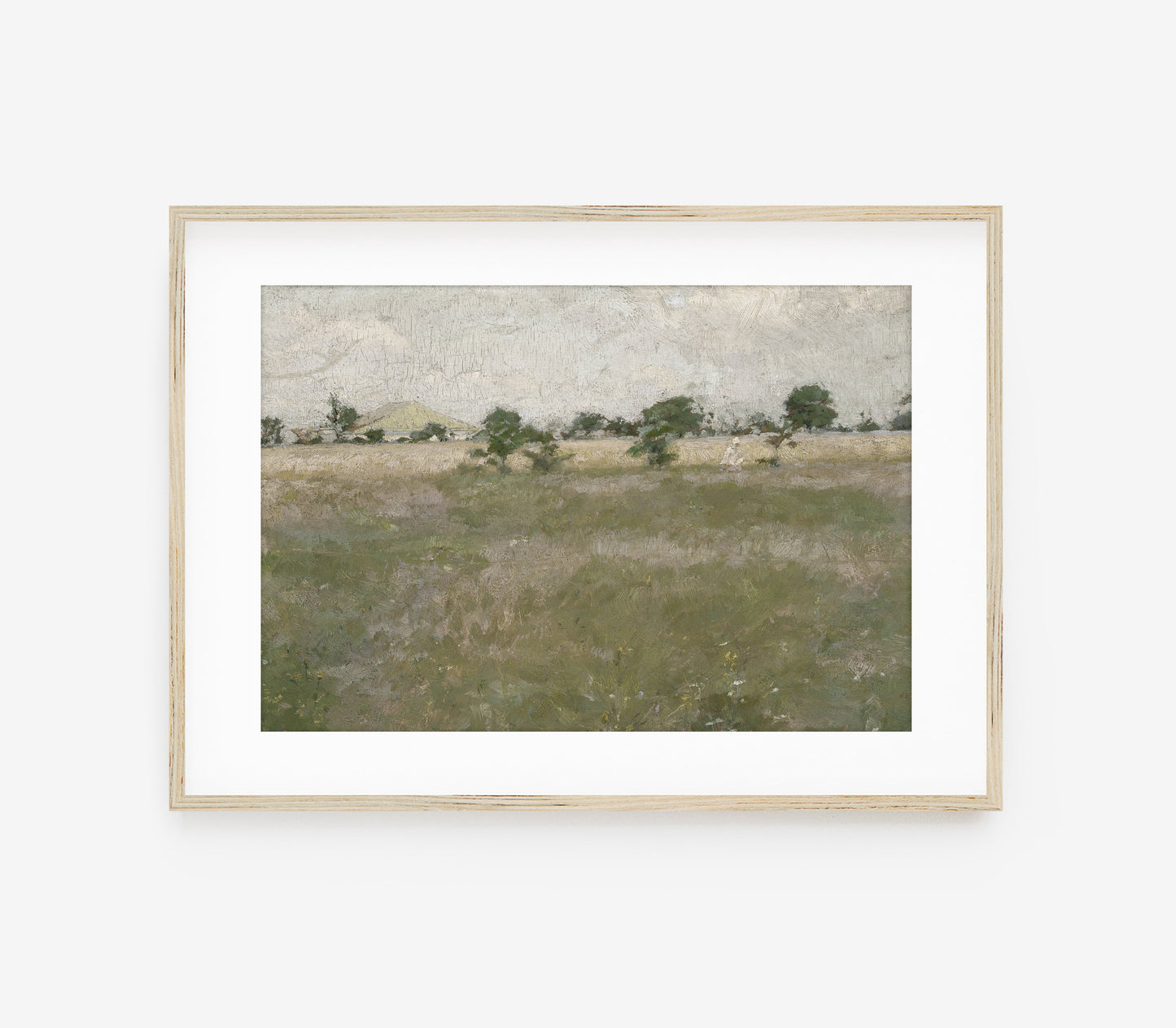 Vintage Landscape Painting - Muted Green Field Trees L245