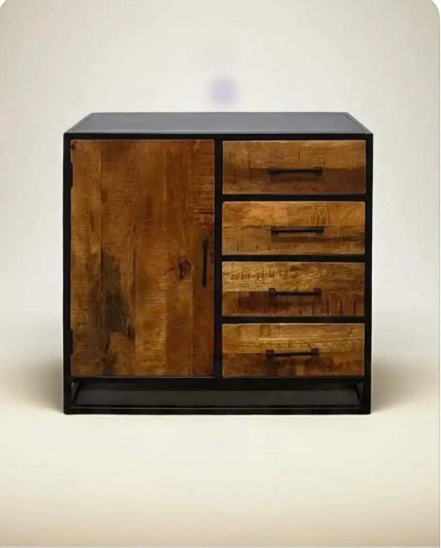 Commode en bois de manguier et structure d'acier noir