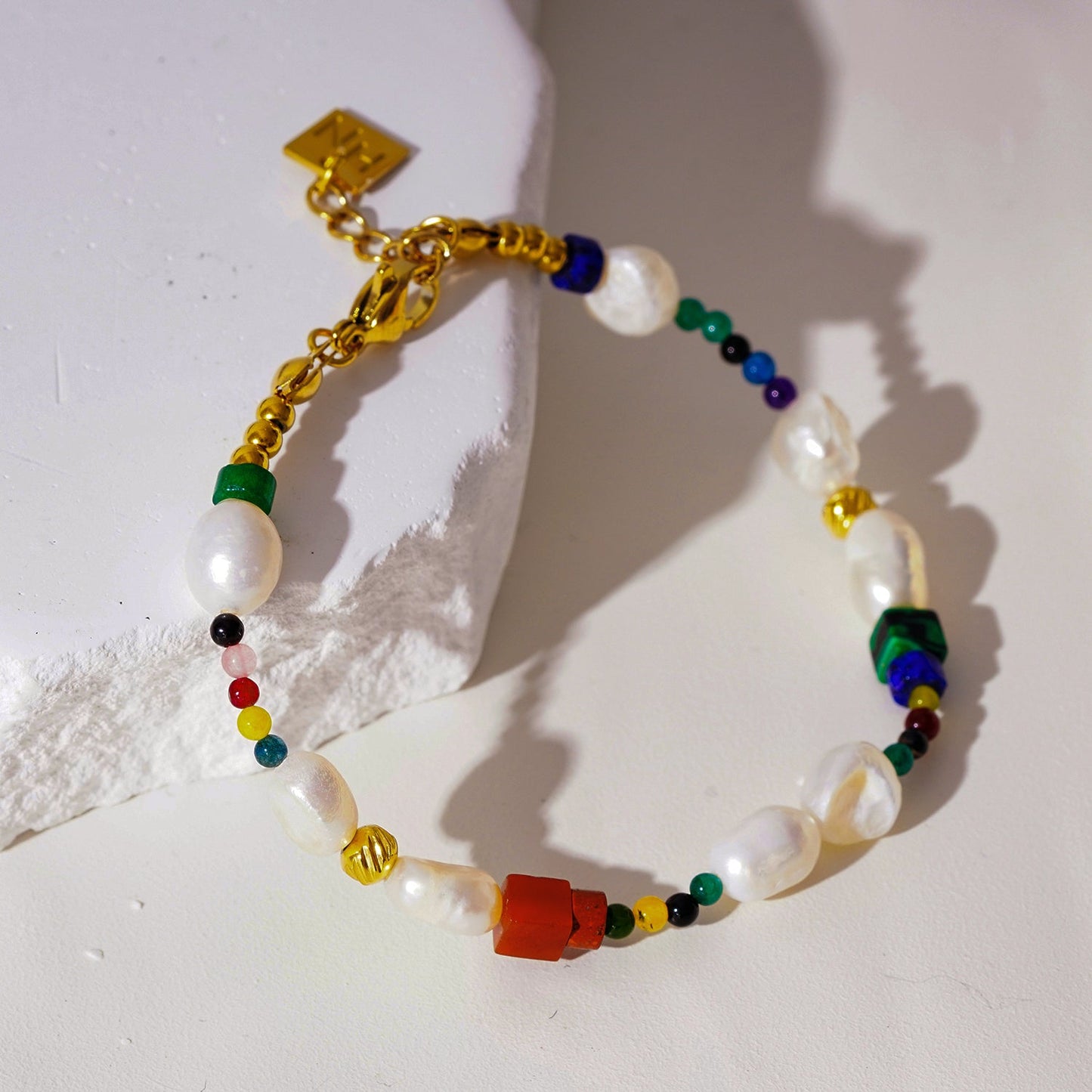 BANYANA: Paradise Found - Colourful Bracelet with Gold Beads, Natural Stones, and Freshwater Pearls