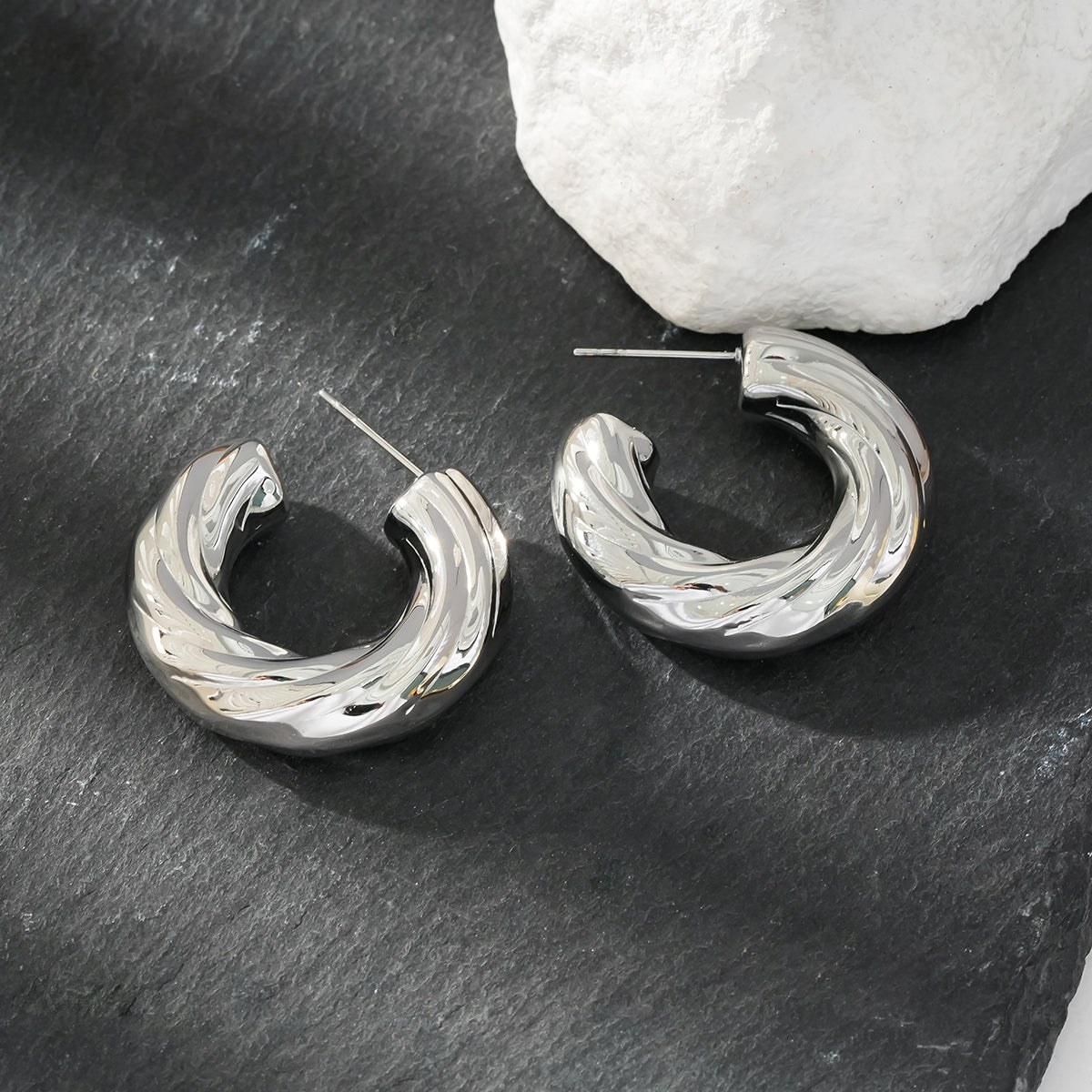 BEAUFORT Silver Toned (White Gold): Abstract-Chic Chunky Look Hoop Earrings – Modern Elegance Redefined