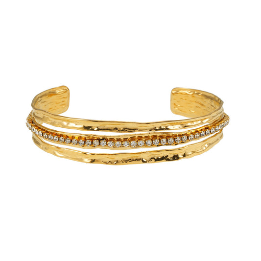 BELLINA Gold: Triple Stacked Textured Bracelet Zirconia (CZ) Embedded Tennis Bracelet at Centre. Stacked for Glamour.