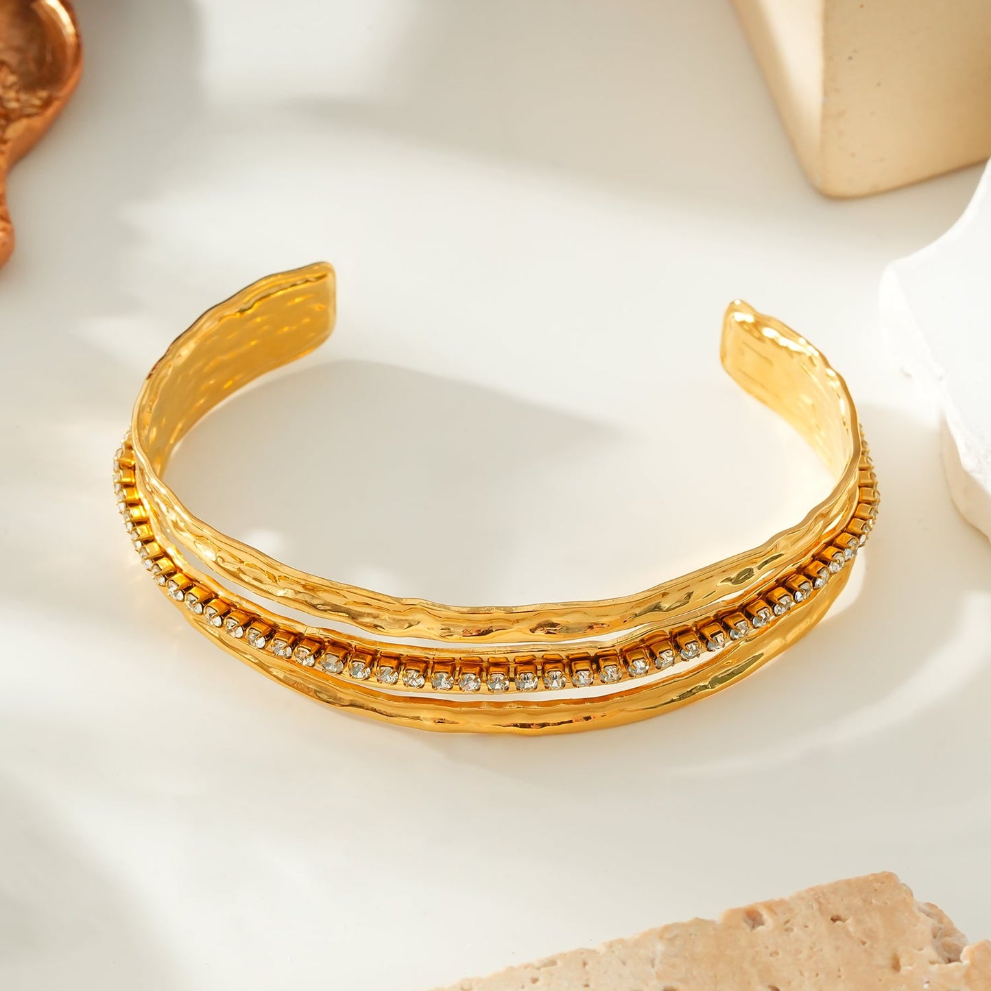 BELLINA Gold: Triple Stacked Textured Bracelet Zirconia (CZ) Embedded Tennis Bracelet at Centre. Stacked for Glamour.
