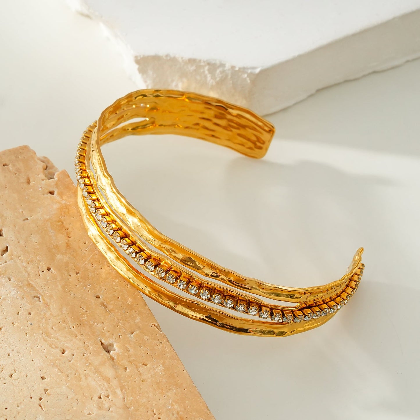 BELLINA Gold: Triple Stacked Textured Bracelet Zirconia (CZ) Embedded Tennis Bracelet at Centre. Stacked for Glamour.