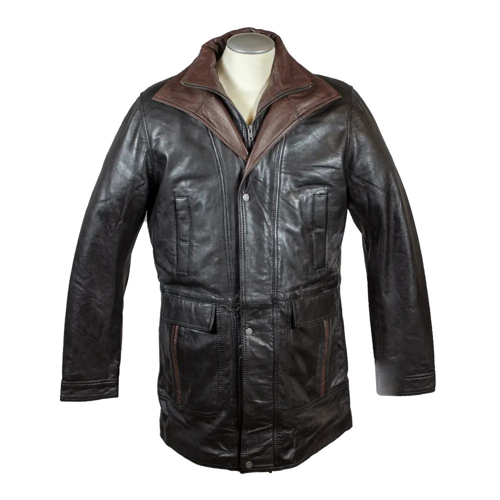 BOL Men's Double Collar Two-Tone Long Coat | Leather Jacket