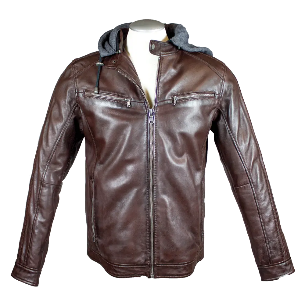 BOL Men's Hooded Snap Collar Leather Jacket