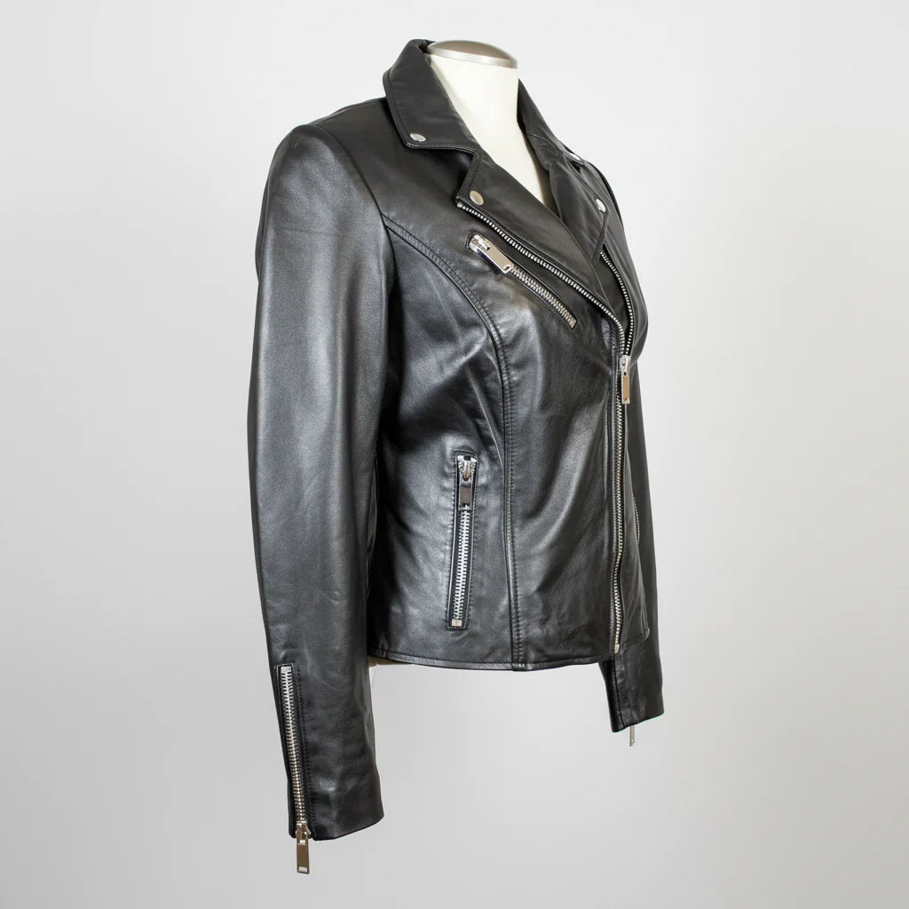 Women's Premium Lamb Leather Moto Jacket with Asymmetrical Zippers