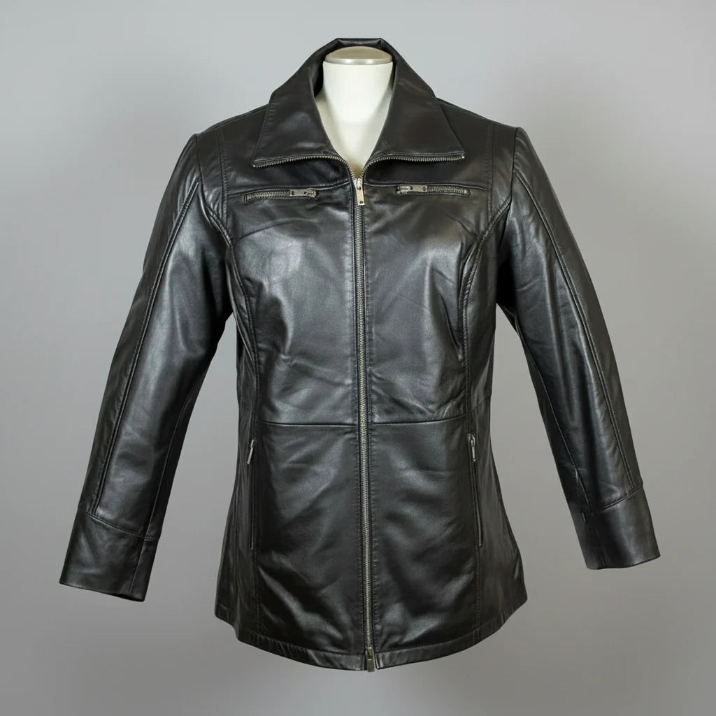 Classic Women's Mid-Length Lamb Leather Jacket
