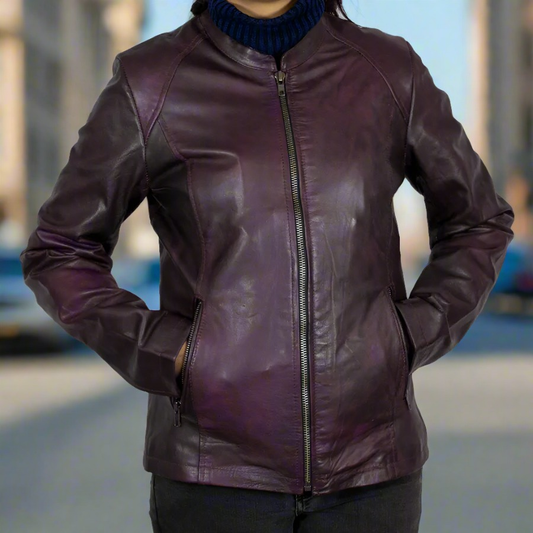 BOL Women's Purple Wash Moto Leather Jacket