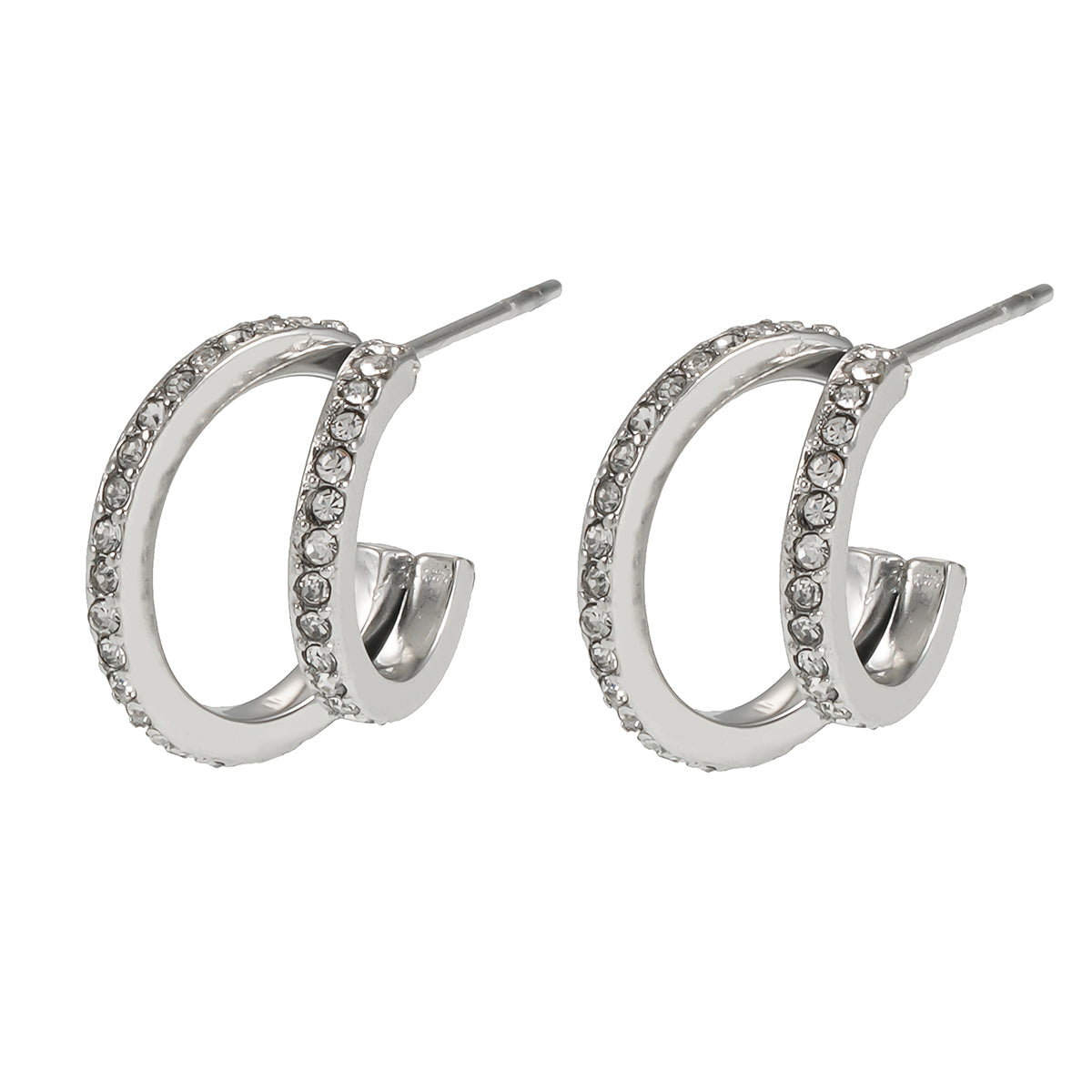 BOTEGA: Double Banded Pavé Zirconia (CZ) Gemstones Embedded Hoop Earrings in Silver