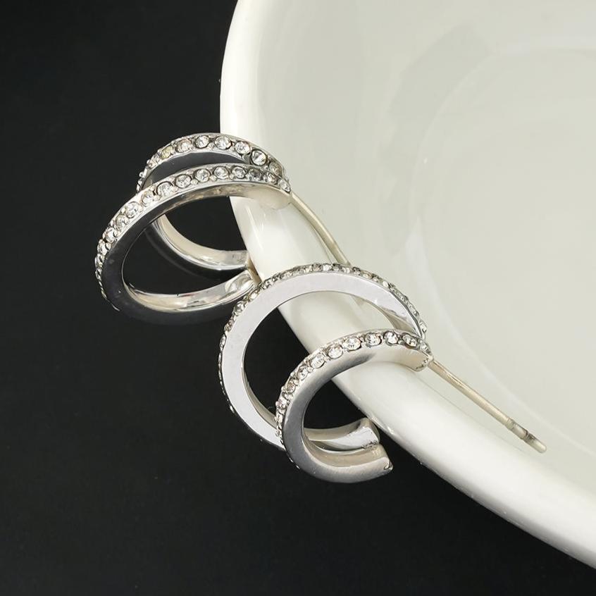 BOTEGA: Double Banded Pavé Zirconia (CZ) Gemstones Embedded Hoop Earrings in Silver