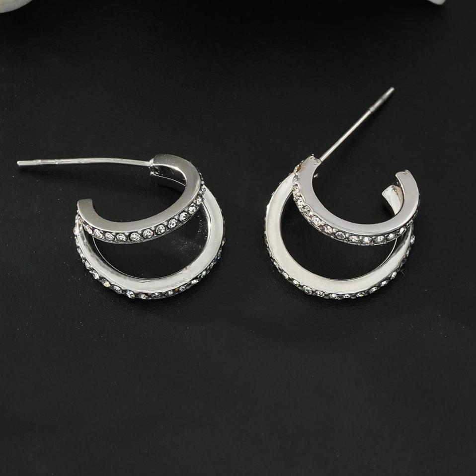 BOTEGA: Double Banded Pavé Zirconia (CZ) Gemstones Embedded Hoop Earrings in Silver