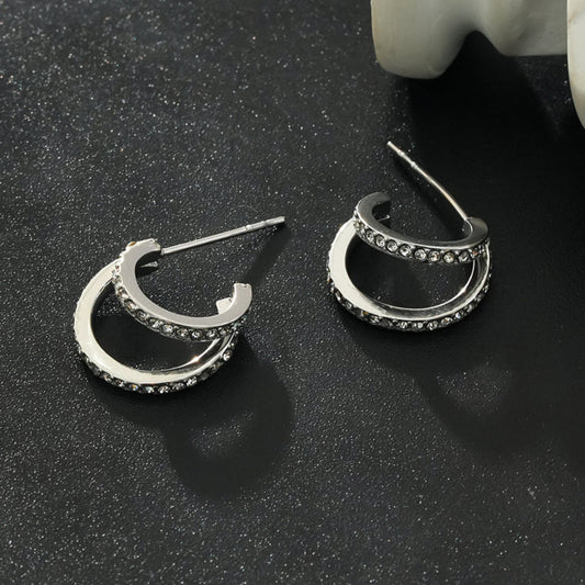 BOTEGA: Double Banded Pavé Zirconia (CZ) Gemstones Embedded Hoop Earrings in Silver