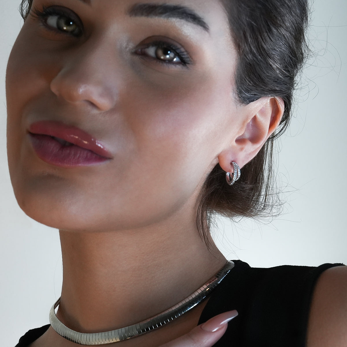 BOTEGA: Double Banded Pavé Zirconia (CZ) Gemstones Embedded Hoop Earrings in Silver