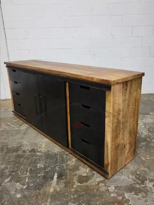Buffet en bois de manguier avec double portes coulissantes en acier tiroirs noir