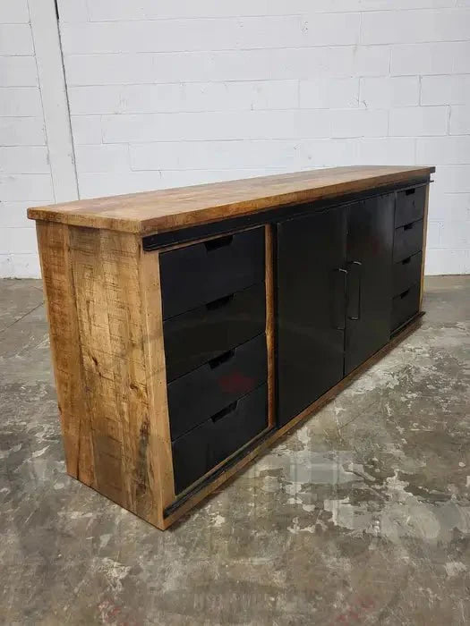 Buffet en bois de manguier avec double portes coulissantes en acier tiroirs noir