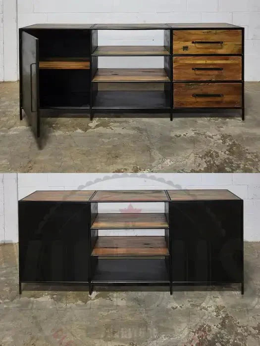 Buffet en bois recyclé avec porte en acier et 3 tiroirs