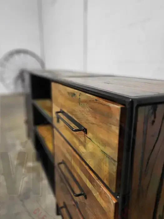 Buffet en bois recyclé avec porte en acier et 3 tiroirs