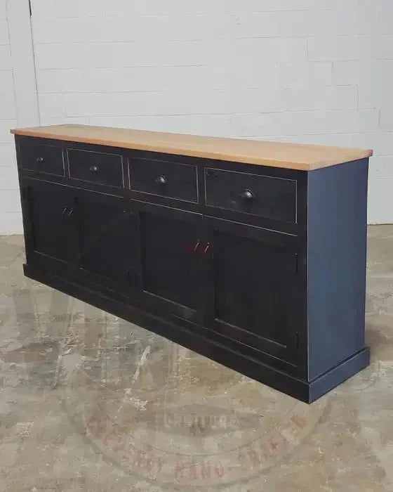 Buffet campagnard en bois de manguier fini noir antique