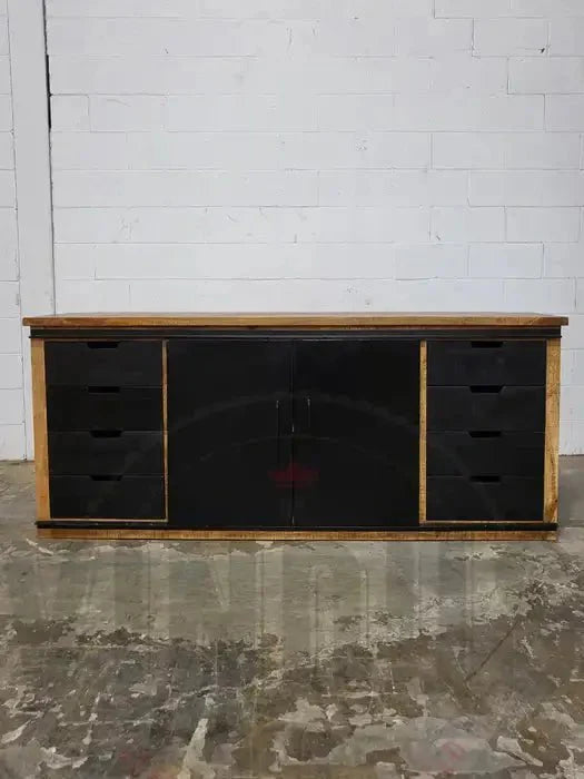 Buffet en bois de manguier avec double portes coulissantes en acier tiroirs noir