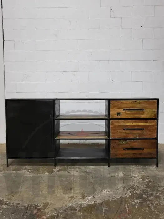Buffet en bois recyclé avec porte en acier et 3 tiroirs