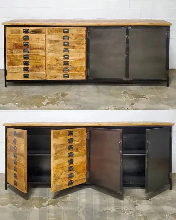 Buffet industriel en bois de manguier 4 portes bois et acier
