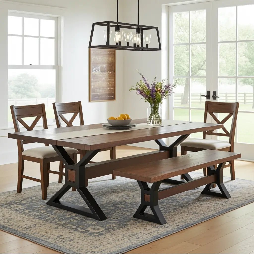 Table à diner patte en X noir mat avec plateau en Acacia Brun et 1 Banc patte en X noir mat en bois d'acacia brun