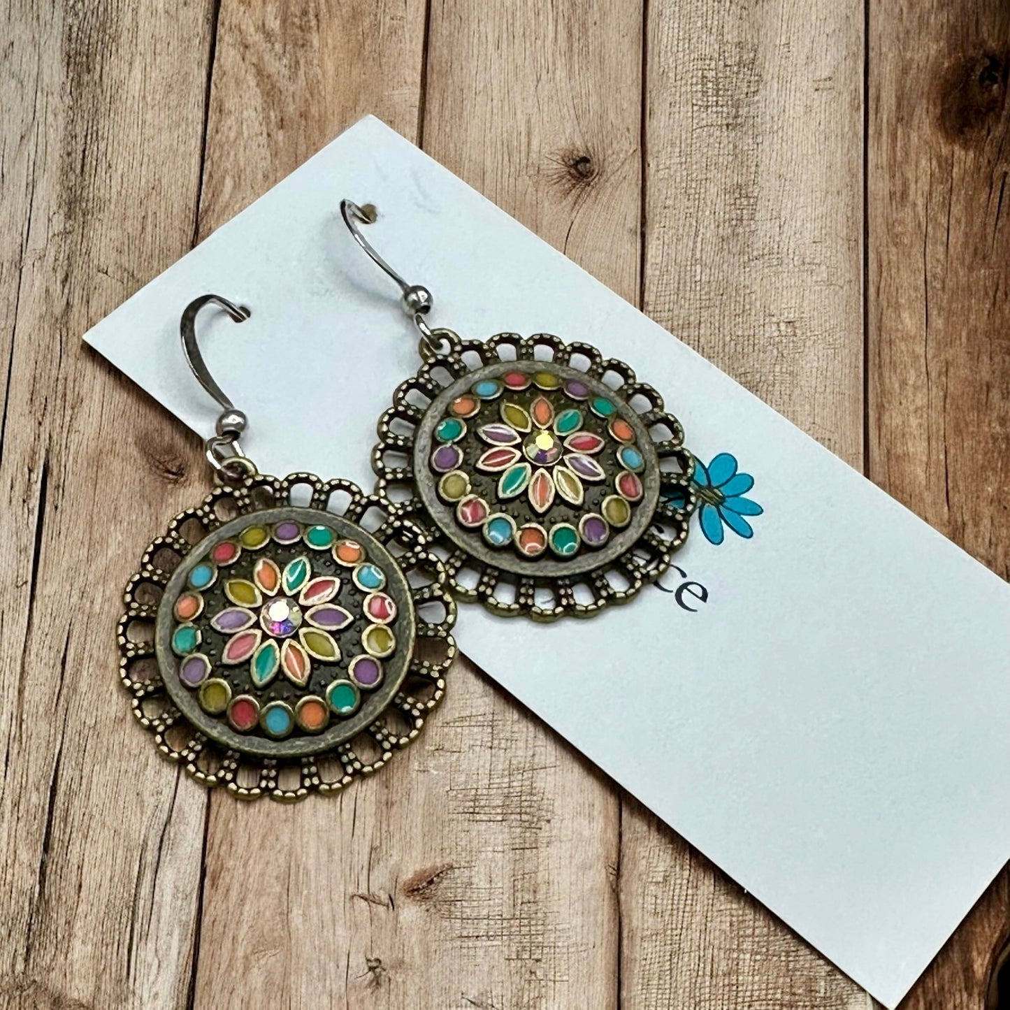 Boho Enamel Flower Earrings – Antique Bronze, Hypoallergenic & Lightweight