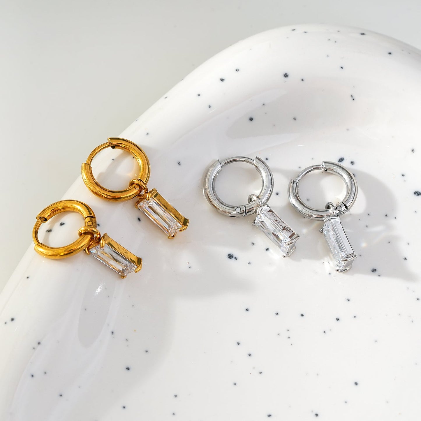 Style CACA White Gold (Silver Toned): Vintage Inspired Encased Clear Crystal Drop Hoop Earrings
